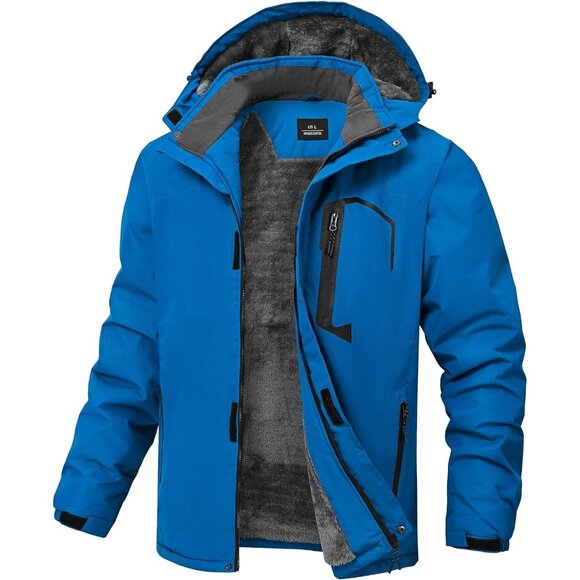 Men's Winter Blue Jackets Waterproof Warm Fleece Ski Jacket with Hood.